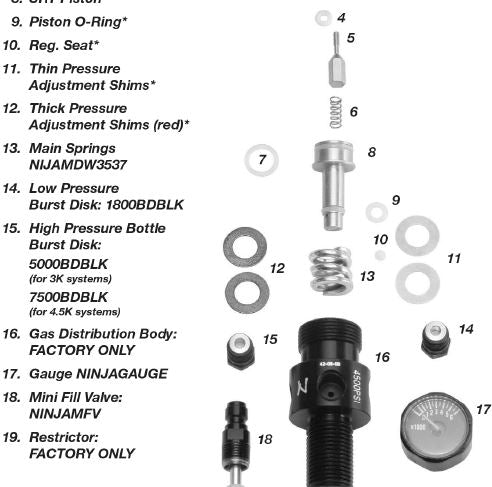 Ninja Standard and Ultralight HPA Tank Regulator Parts and Diagram