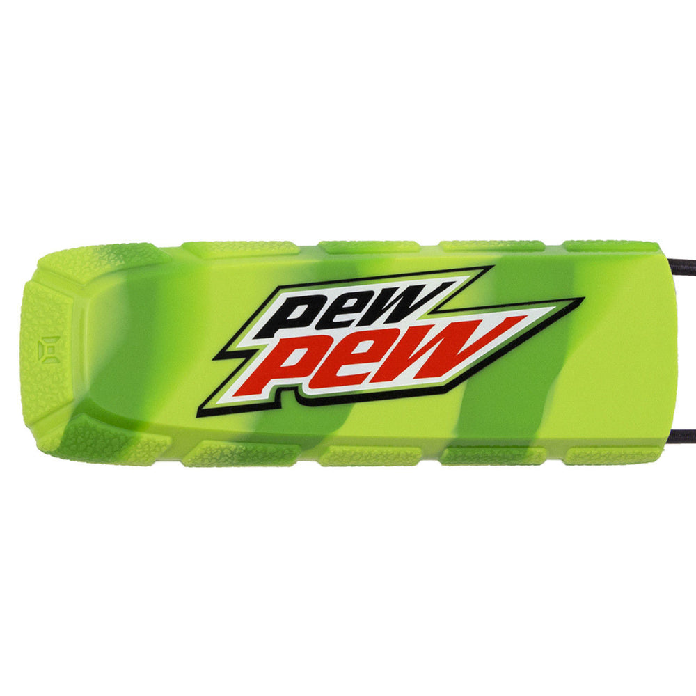 Green Exalt Bayonet barrel sleeve cover with light green camouflage patterns and a black, red, and white "pew pew" logo.