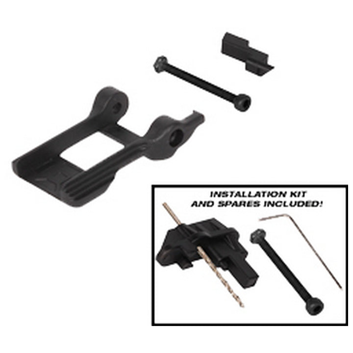 Black Exalt ambidextrous mag release with a top plunger and a bottom trigger, plus installation kit contents.