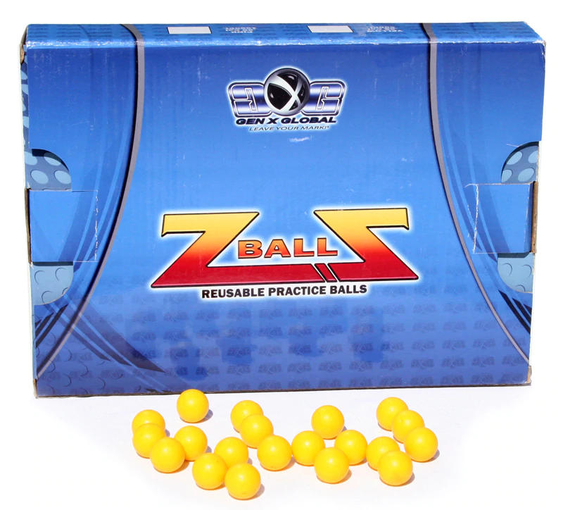 Blue Gen X Global Z Ball box with Reusable Practice Balls branding, next to scattered bright yellow rubber paintballs.