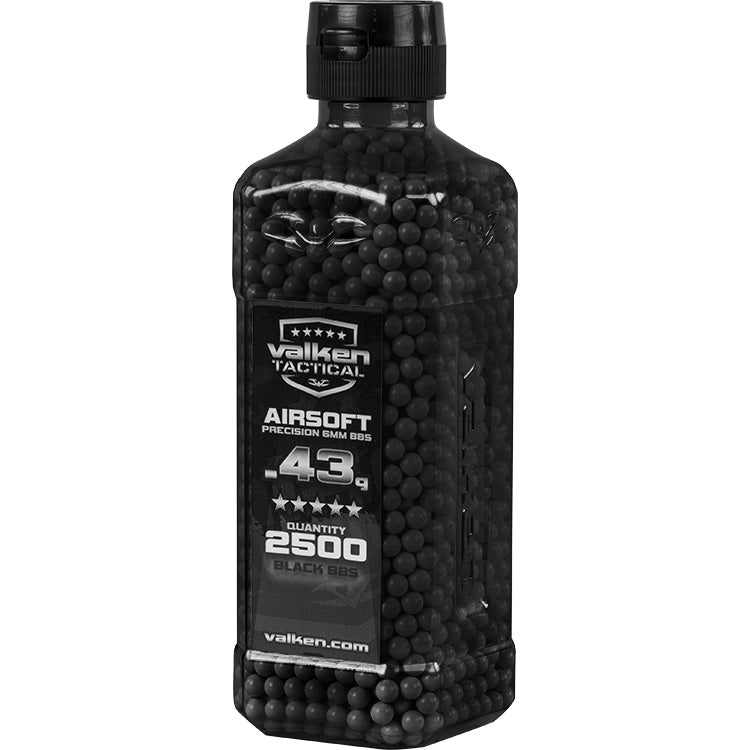 Valken Tactical black precision 6mm Airsoft BBs, 2500 count, in a clear plastic bottle with a black lid.